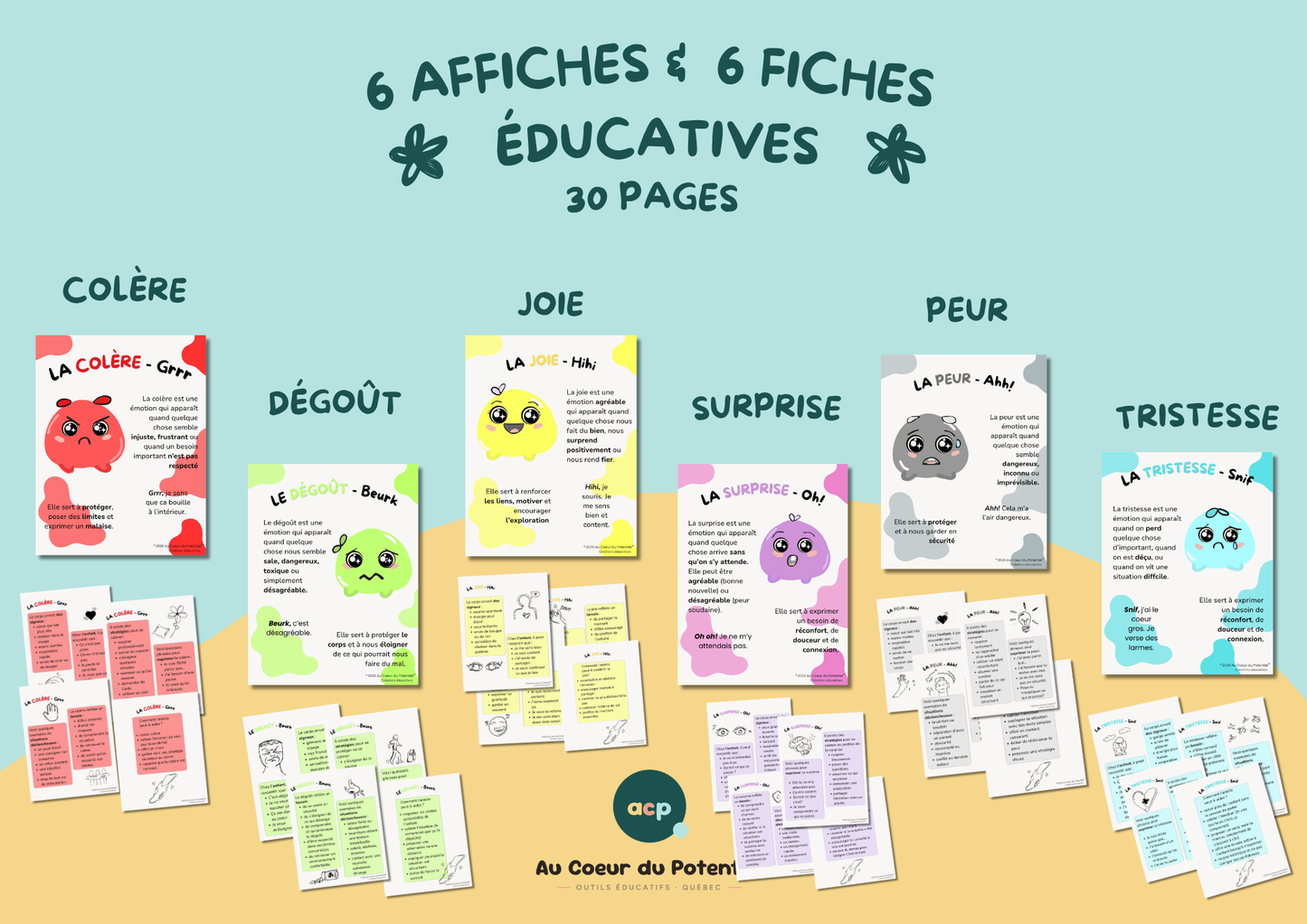 Les Héros des Émotions — 6 affiches et 6 fiches à imprimer (3-7 ans)